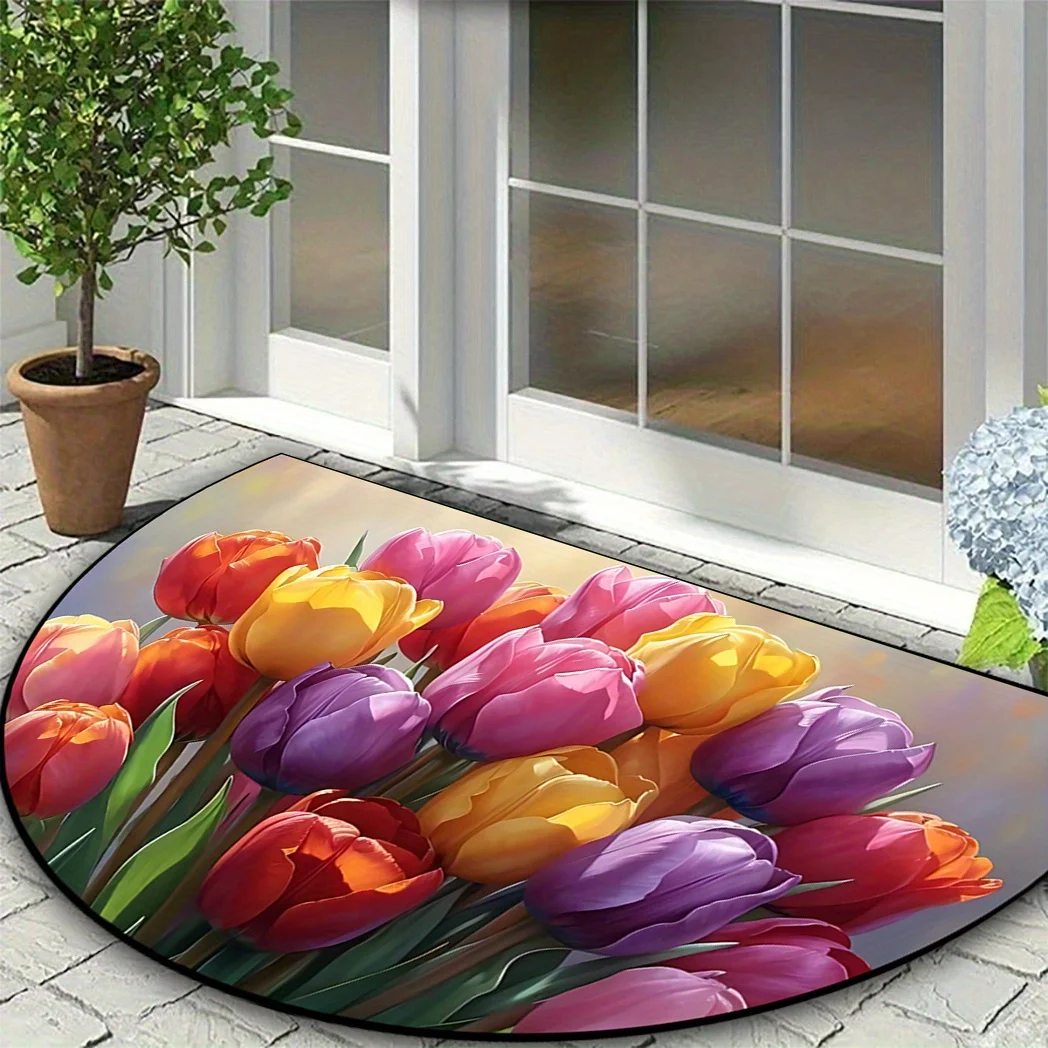 Vibrant Tulip Half Round Rug Pink Purple Orange Bouquet Realistic Petal Texture Outdoor Doormat