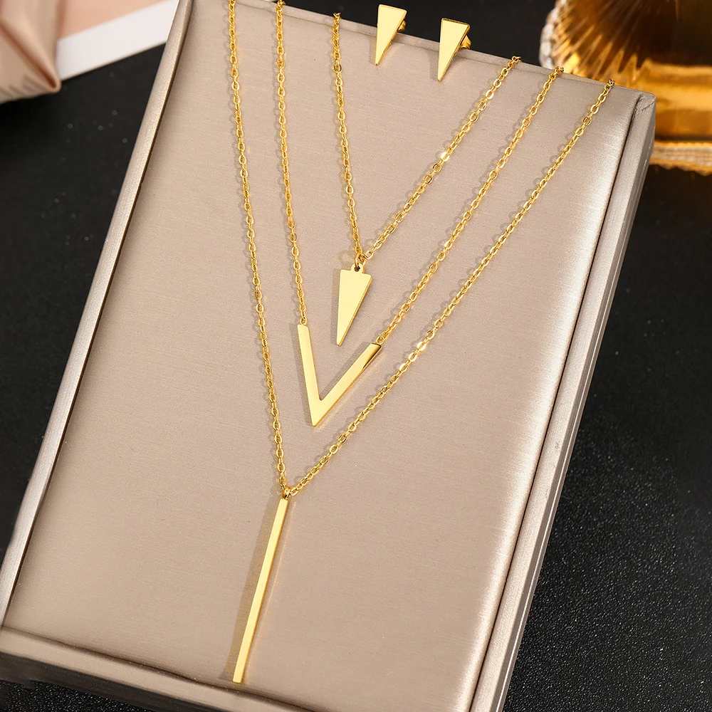 DGIDDK Stainless Steel Geometric Triangle Rectangle Pendant Necklace Earrings Jewelry Set Women Delicate Fashion Jewelry Gift