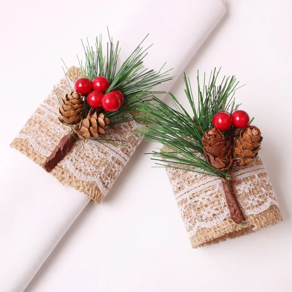 12PCS Burlap Napkin Rings, Rustic Napkin Buckle Handmade Pine Cones Berries Christmas Wedding Thanksgiving Dinner Table Decor