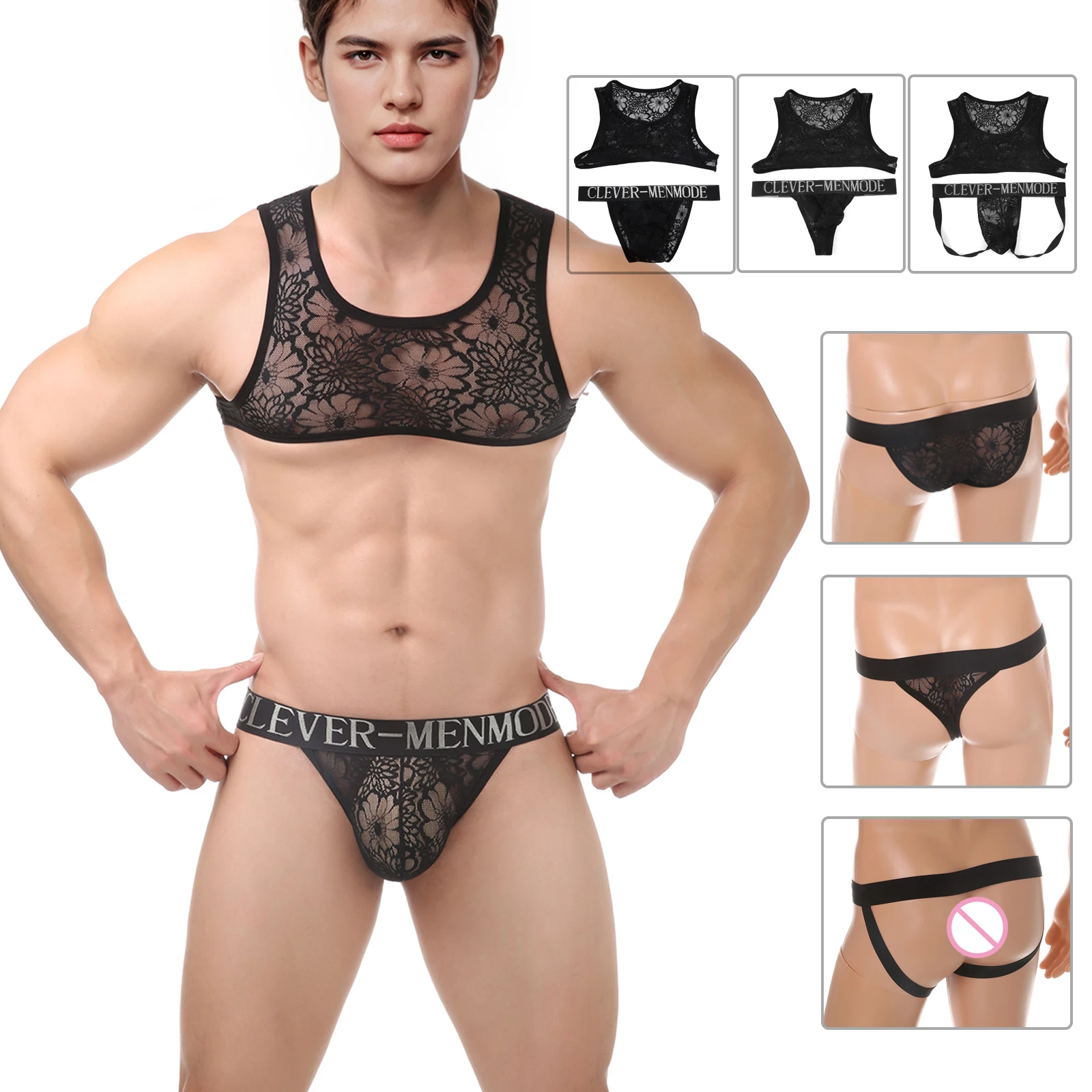 

Men Lace Lingerie Suit Bra Thong Sexy Nightclub Gay Sissy Bikini Erotic Ultrathin Bra Brief Hot Chest Straps Rave Accessories