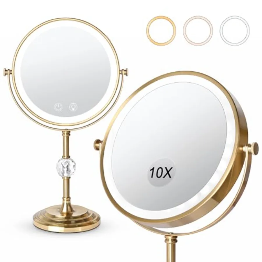 

Lighted Makeup Mirror, 4000mAh Rechargeable Double Sided Magnifying Mirror 1x/10x with 3 ColorsStepless Dimming, 360° Rotation