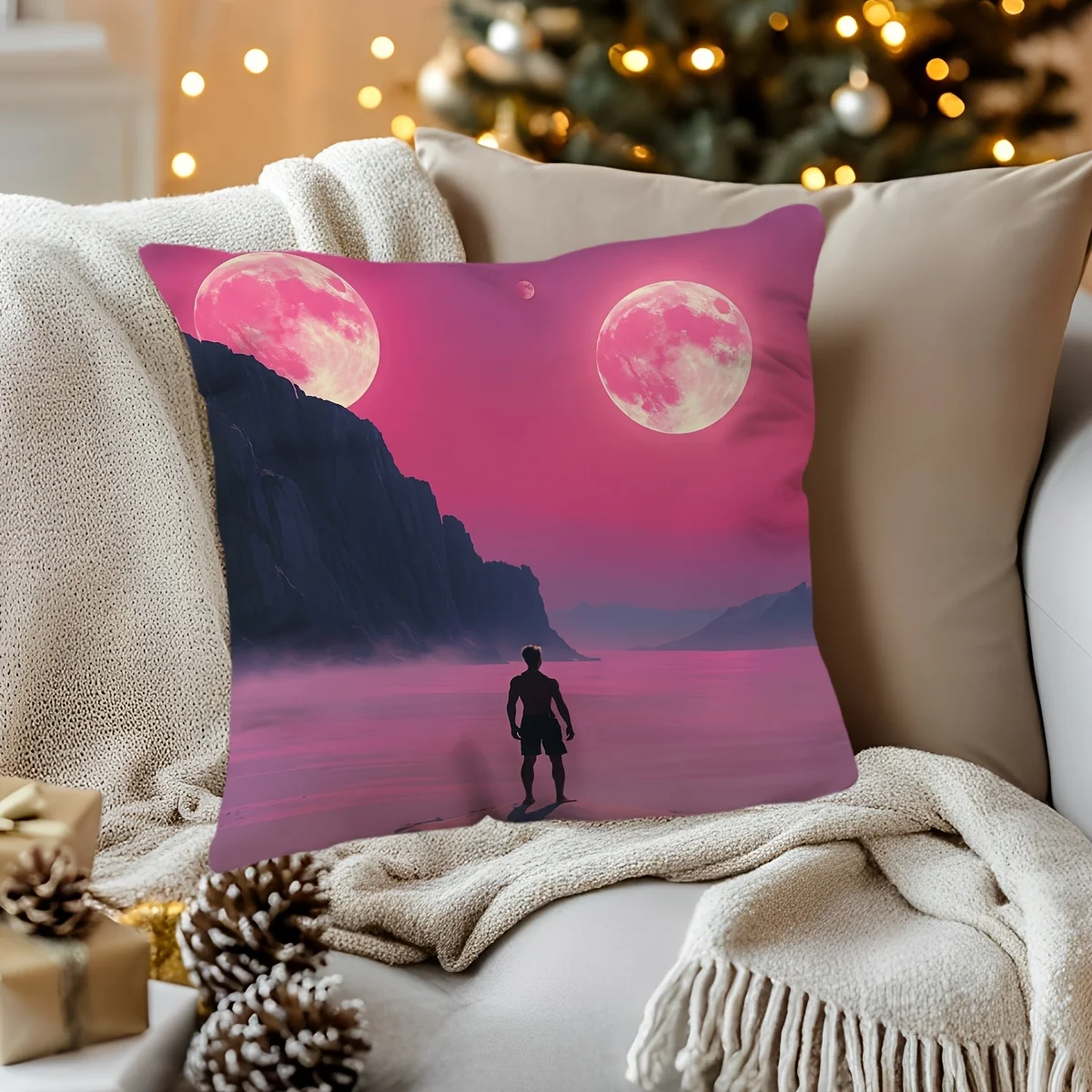 1pc 2D Flat Pillow Not Included Pink Moon Man Silhouette Cliff Art Cushion Cover Plush Fantasy Bedroom Decor Gift Case