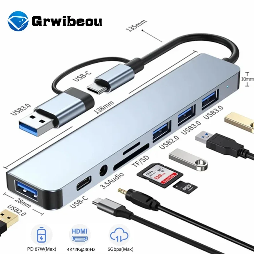 USB C Hub USB Splitter 8 in 2 HUB Extender with 4 USB Port 1 Type C Port TF/SD Card Reader Audio Output Compatible with MacBook