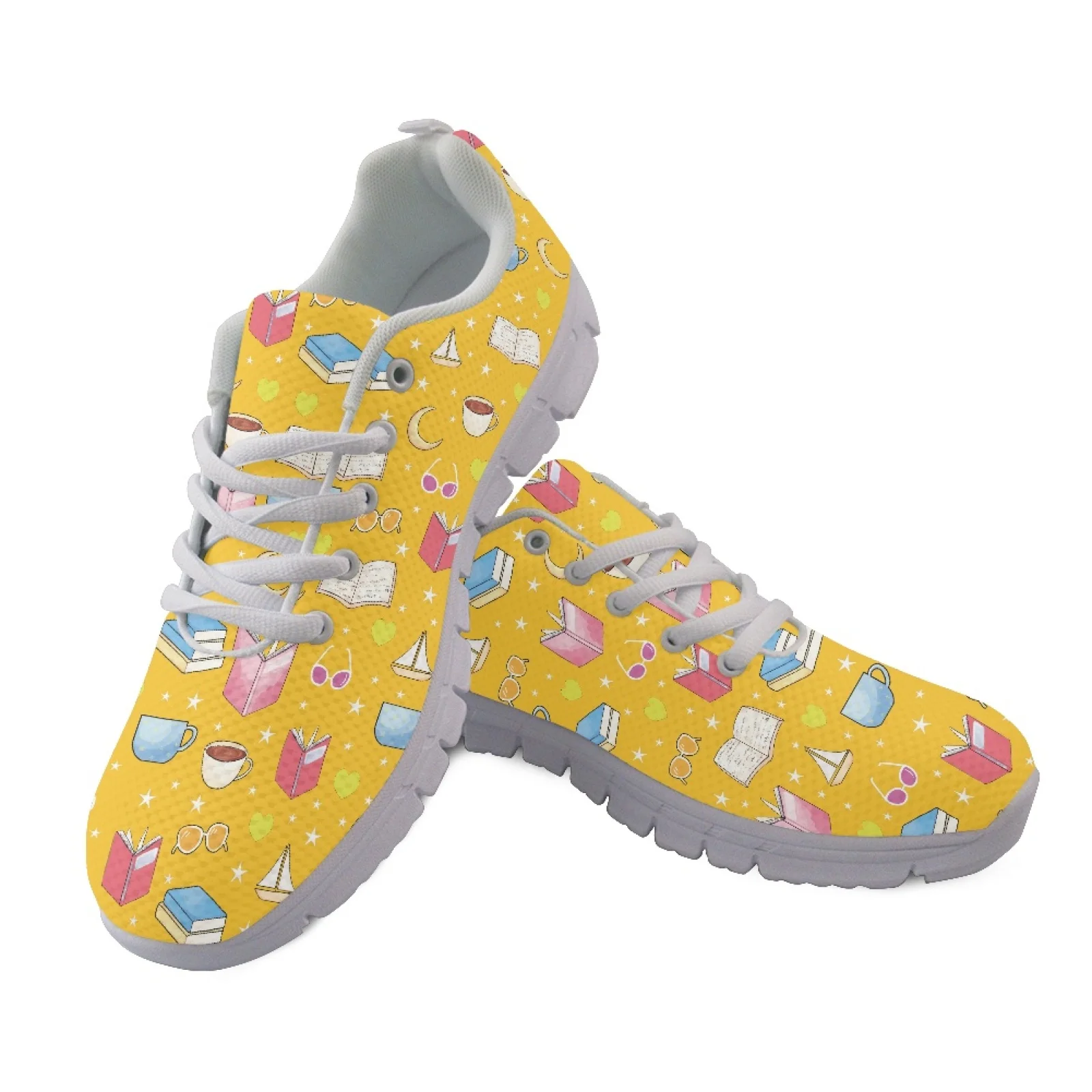 Coloranimal Book Coffee Print Women Running Shoes, Comfort Lace up Mesh Trainers for Walking Climbing 2026 Fashion Soft Sneakers