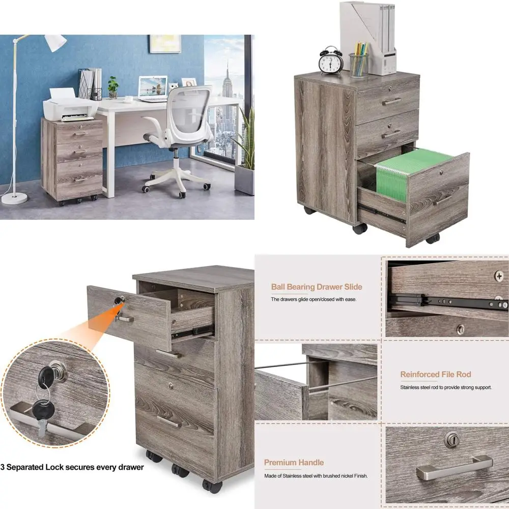 

26-дюймовый передвижной шкаф для документов с 3 выдвижными ящиками и замком, цвет «серый дуб», мобильный, для домашнего офиса, формат Letter, деревянная подставка для принтера, требуется сборка