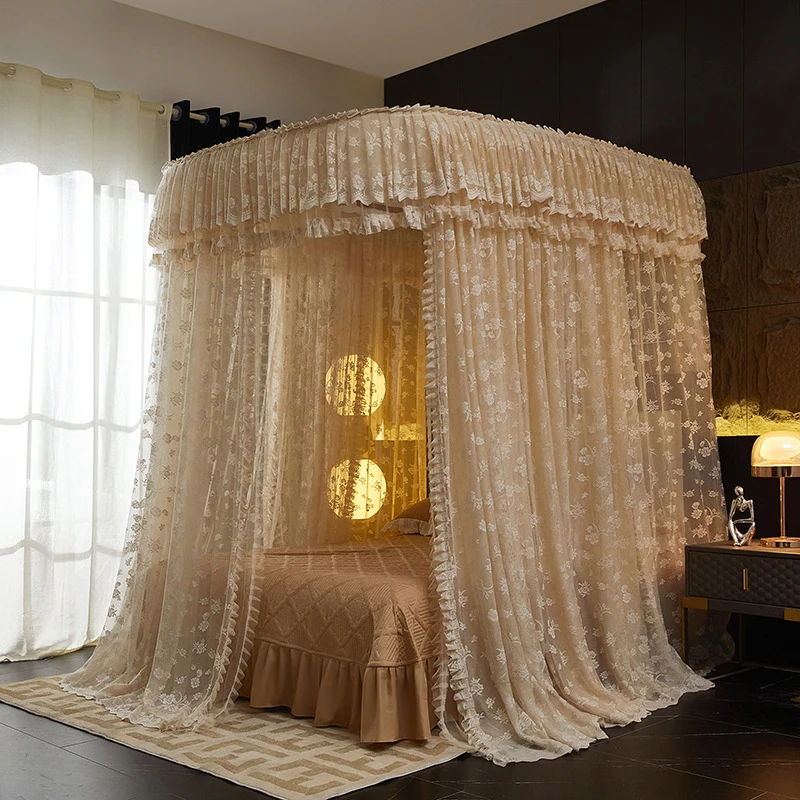 Vintage Palace Style Mosquito Net U-Shaped Track Double Layer Lace 3 Doors Floor Standing Princess Bed Canopy