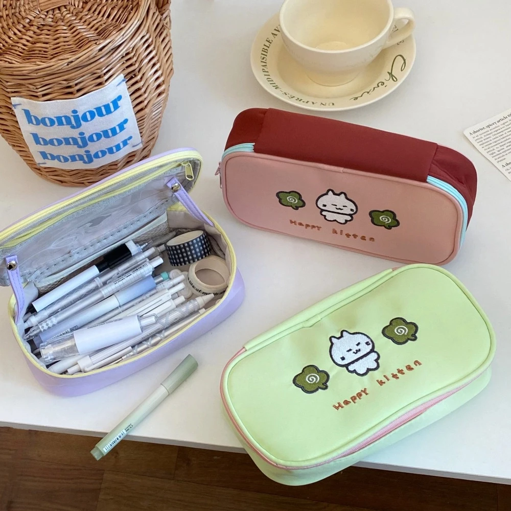 Large Capacity Cartoon Pencil Case Cosmetics Storage Cute Cat Stationery Storage Bag Zipper Square Makeup Bag Student
