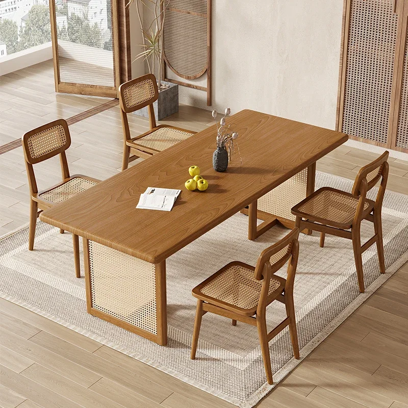 Wabi Sandy Wind Solid Wood Rattan Dining Table Homestay Household Small Apartment Dining Table Log Tea Room