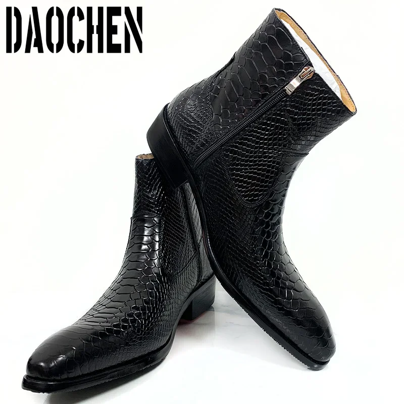 Luxury Men Ankle Boots Zipper Mid-Calf Rock Boots Slip On Mens Dress Casual Shoes Black Coffee Leather Basic Boots Men