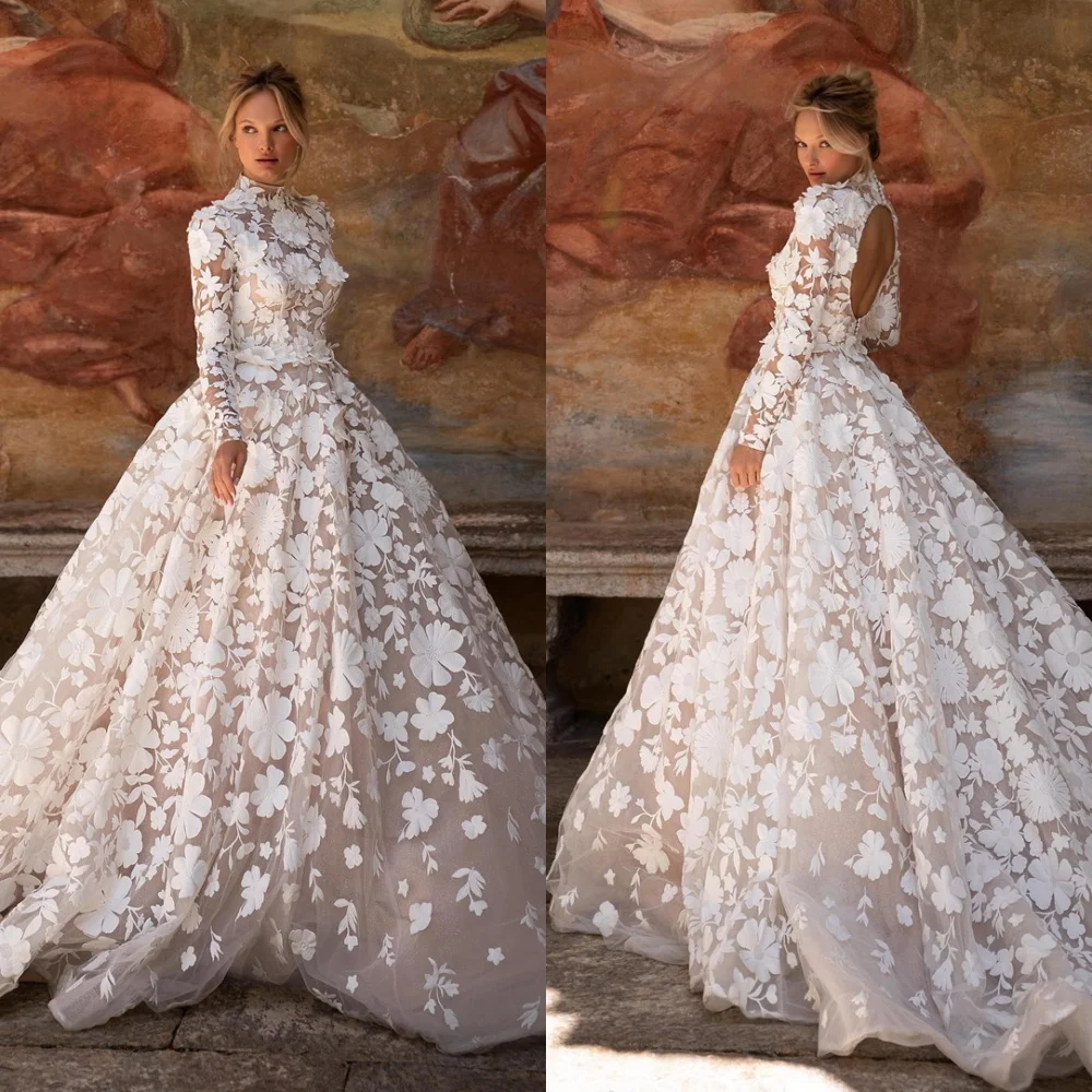 

Customized White Tulle Bridal Gowns Elegant High Neckline Long Sleeves Appliques Wedding Dress Chapel Train Buttons Back Dress