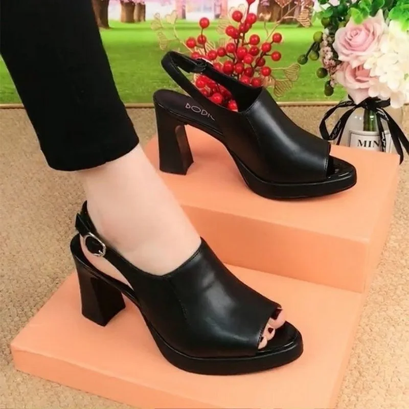 New Women & Girls Peep Toe Sandals Summer Fashion Chunky Heel Female Leather Shoes Size 35-40