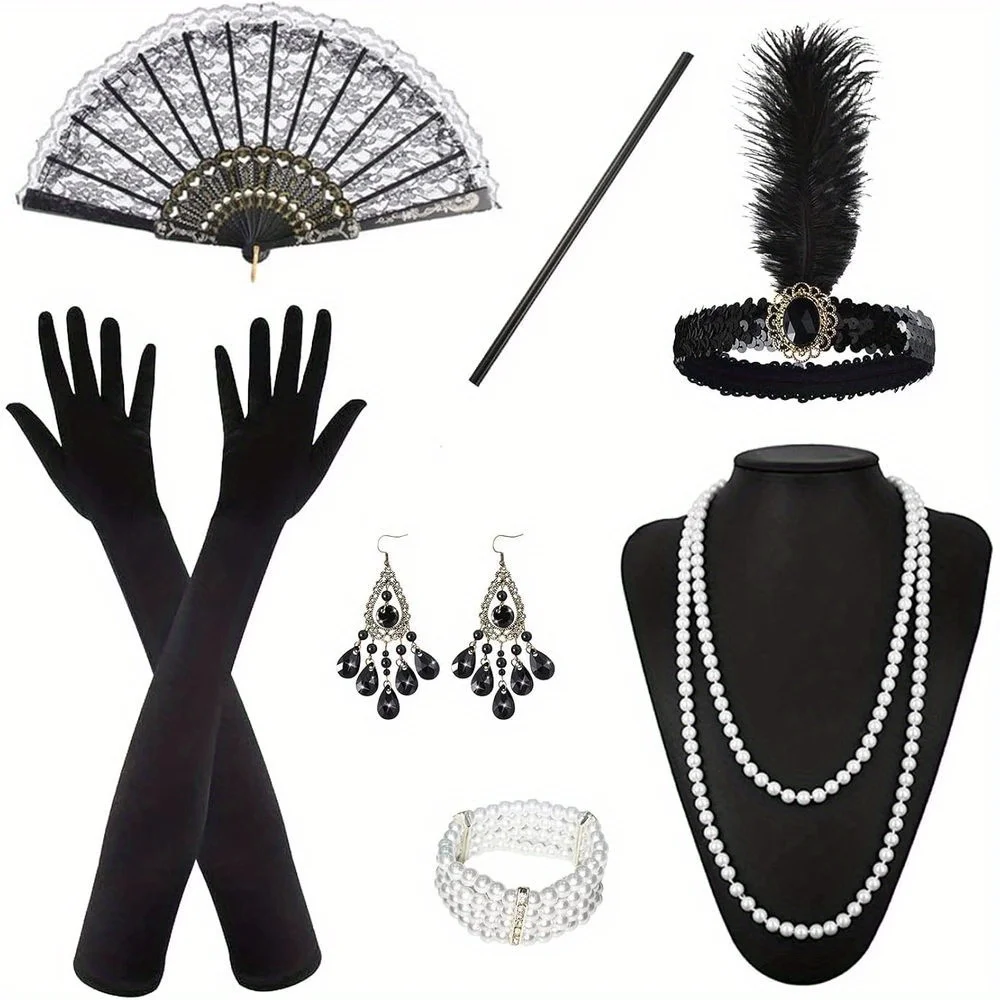 PESENAR 1920s Party Ball Headband Set Headband Necklace Gloves Smoke Rod Earrings Set Women's Block Headband Accessories Set