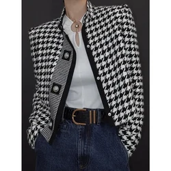 Yeezzi 2024 New Fall Winter Houndstooth Jacket Coat For Women Long Sleeves Stand Collar Retro Elegant Classics Party Outerwears