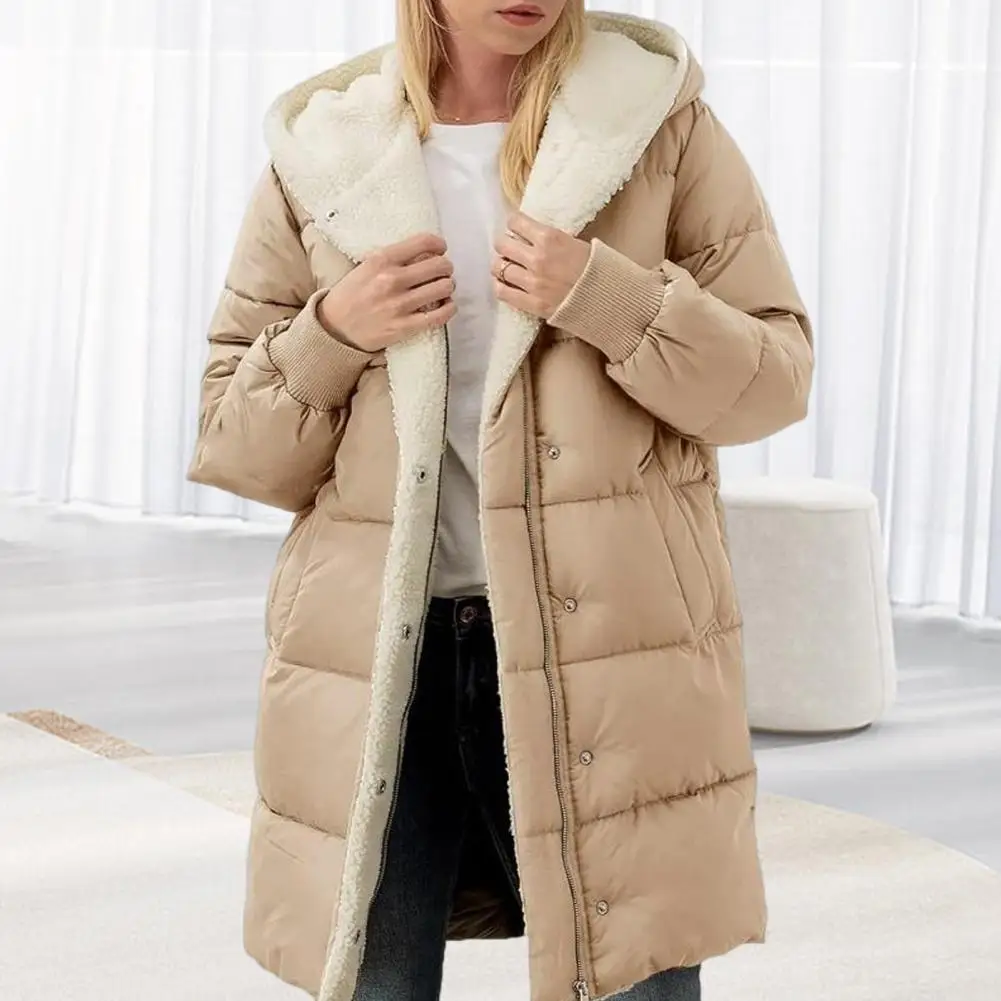 Winter Women Coat Thick Fleece Lining Windproof Zipper Closure Hooded Parka Elastic Cuff Long Sleeves Cardigan Down Jacket