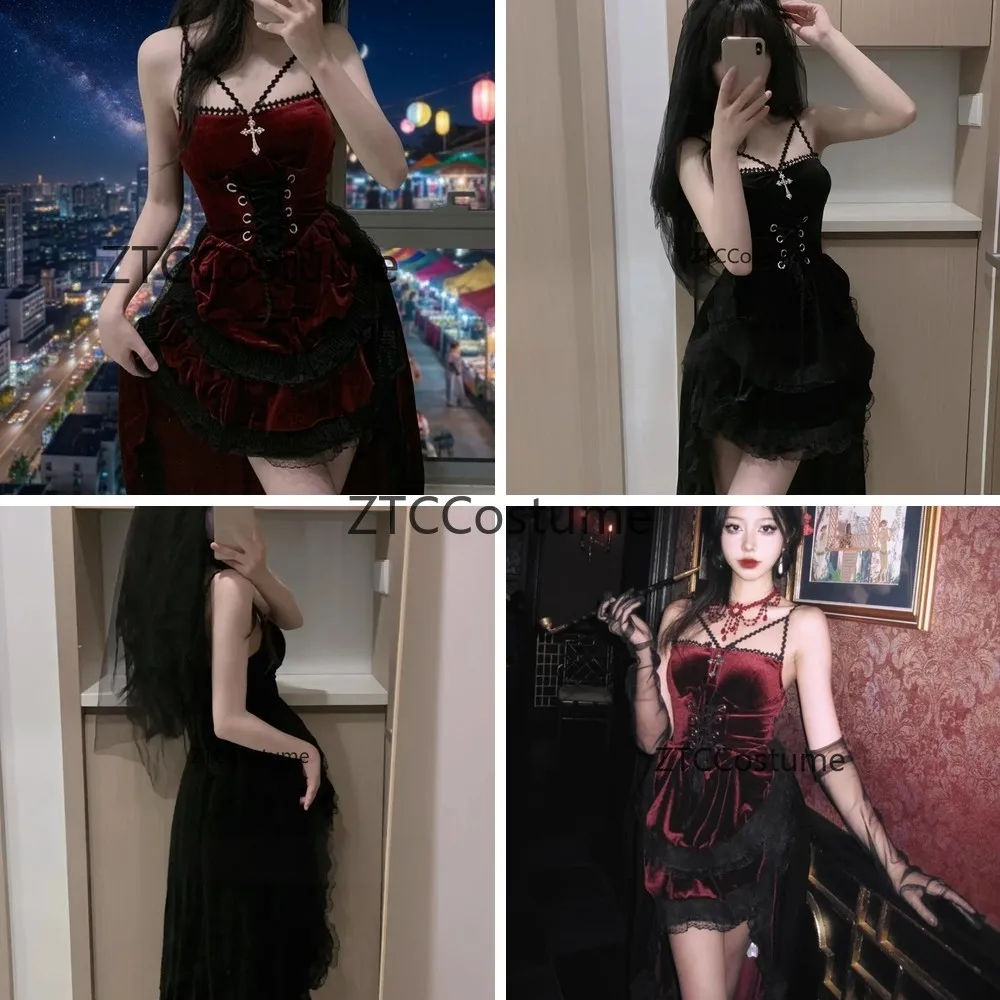 

Gothic Cosplay Dress Lace Trim High Waist Bodycon Mini Dress Vintage Punk Harajuku Lolita E-girl Grunge Clothes