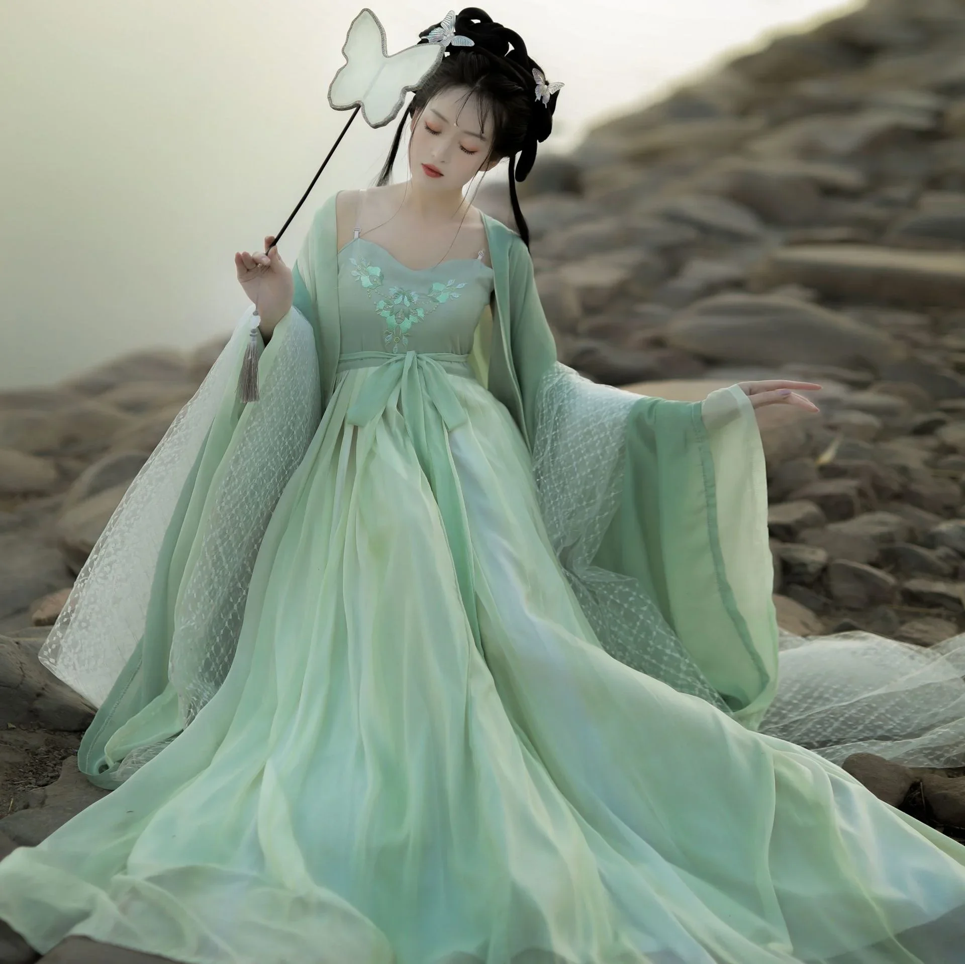 بدلة هان على الطراز الصيني للإناث ، تنورة طويلة على الصدر ، الكبار والطلاب ، فستان أنيق سادة ، الربيع اليومي