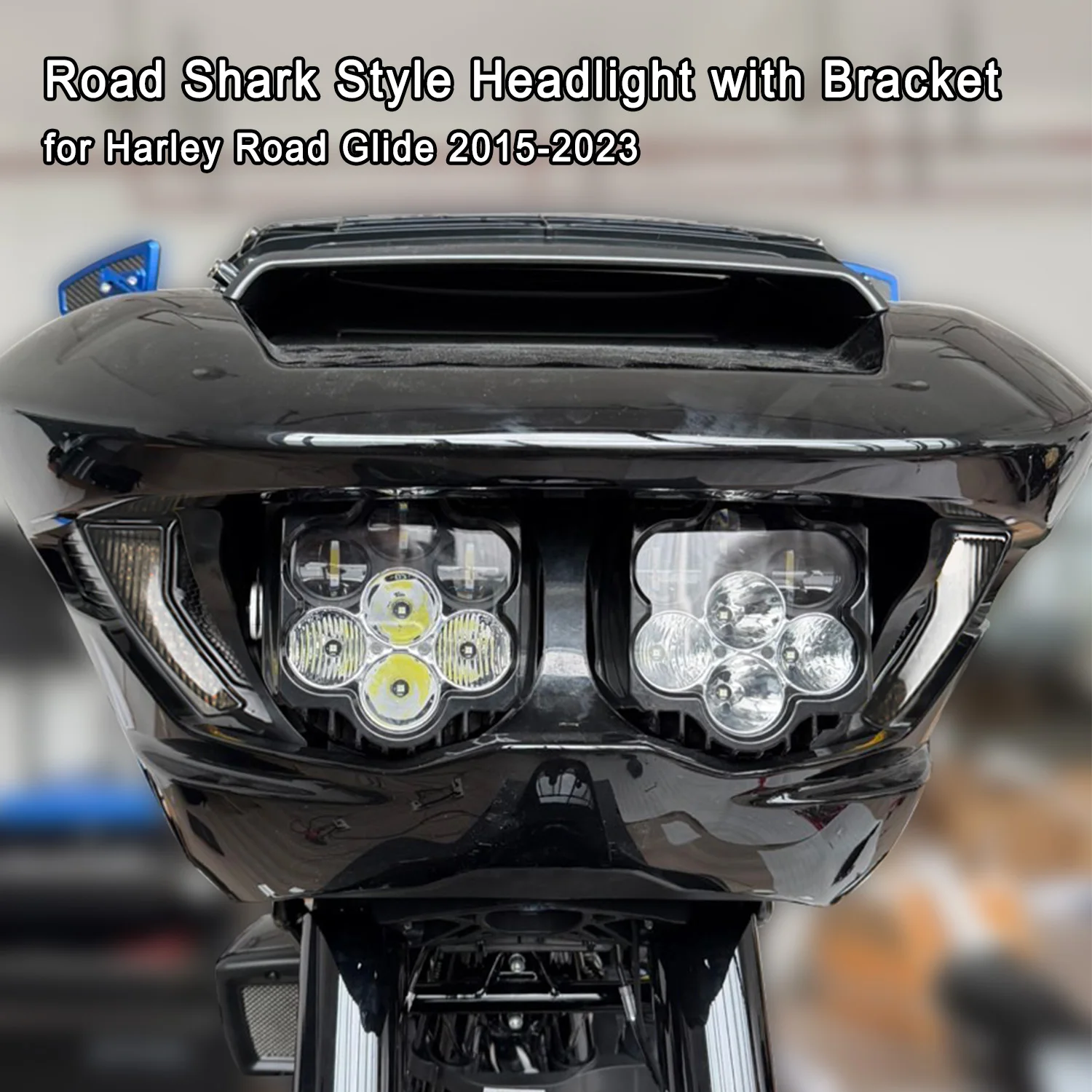

Motorcycle Parts Road Shark Style Headlight with Bracket Dual Lights for Harley Road Glide 2015-2023 Plug and Play Lamp