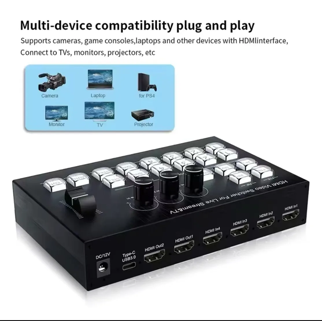 4K Video Switcher 3Ch HDMI SDI Multi Camera Streaming Live Production Video Mixer Switcher Broadcasting Station Type C Record