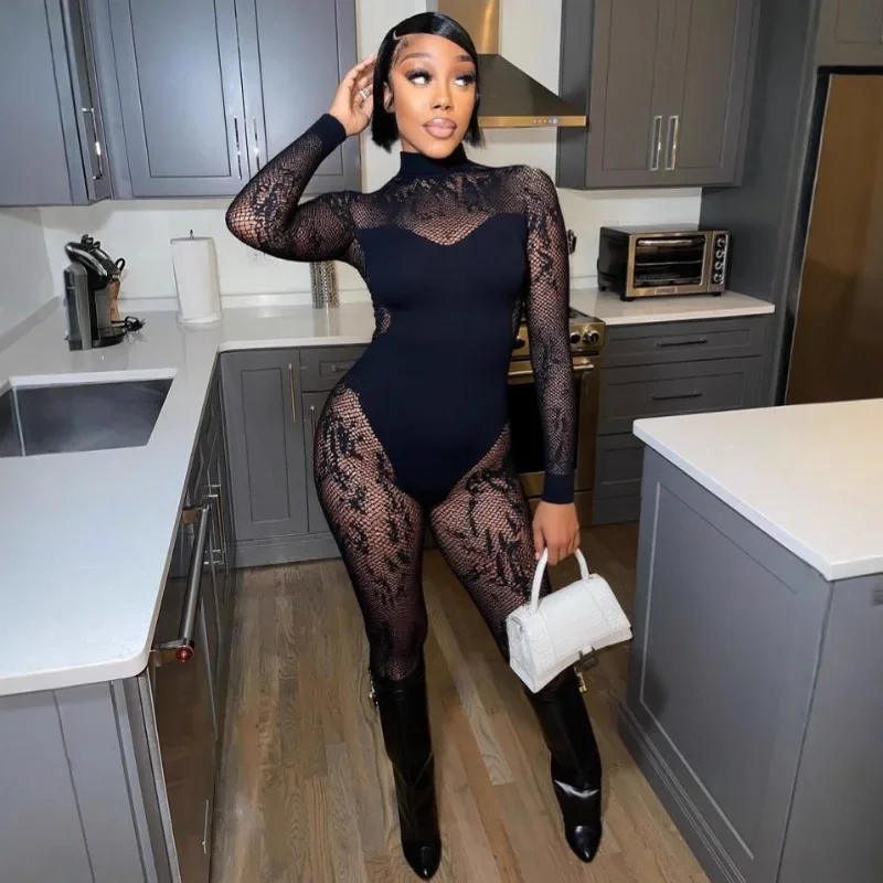 

Lace Jacquard Mesh Skinny Jumpsuits Strapless Bodysuit Patchwork Women Sexy Turtleneck Long Sleeve Slim Club Party Overalls