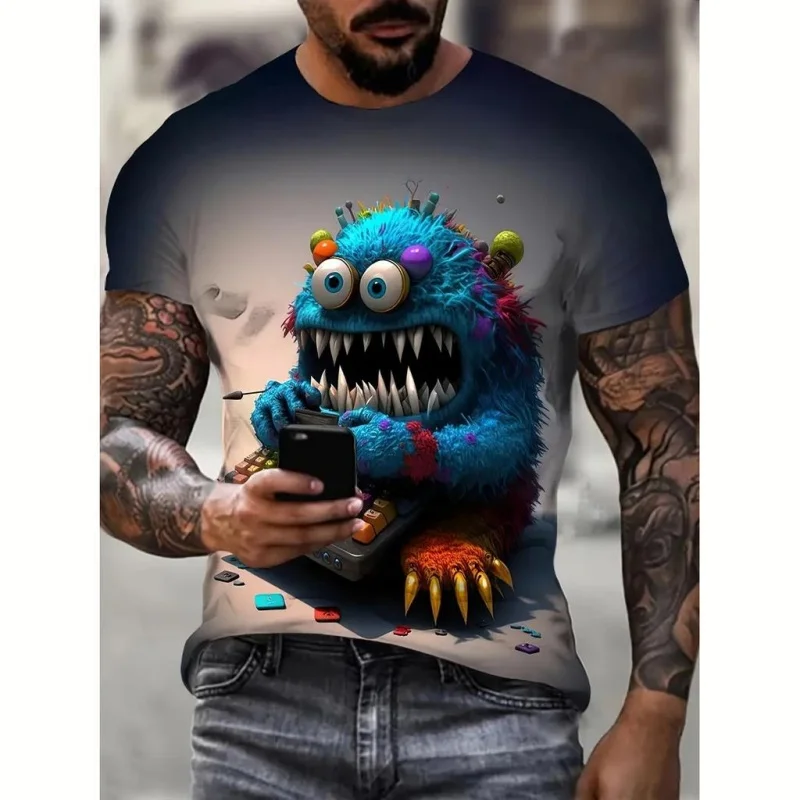 Cute Fun Cat Pattern T-Shirt For Men Abstract Monster 3D Printed T Shirts Summer Short Sleeve Oversized Street Tops Sports Tees