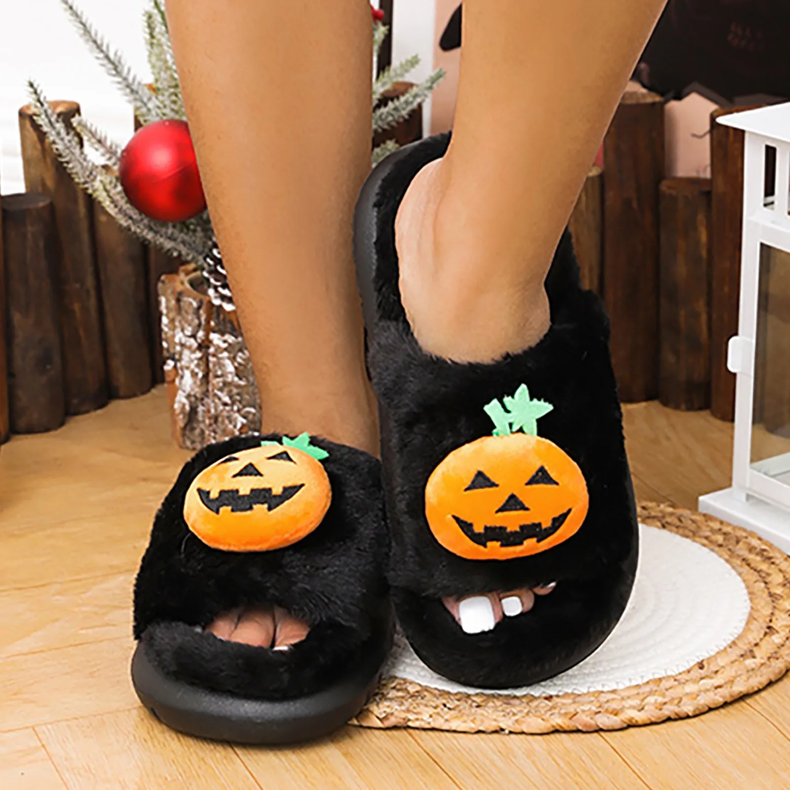 

Women's Slippers Winter Halloween Funny Smile Pumpkin Indoor Cute Cartoon Slipper Bedroom Anti-slip Soft Causal Plush Shoes Gift