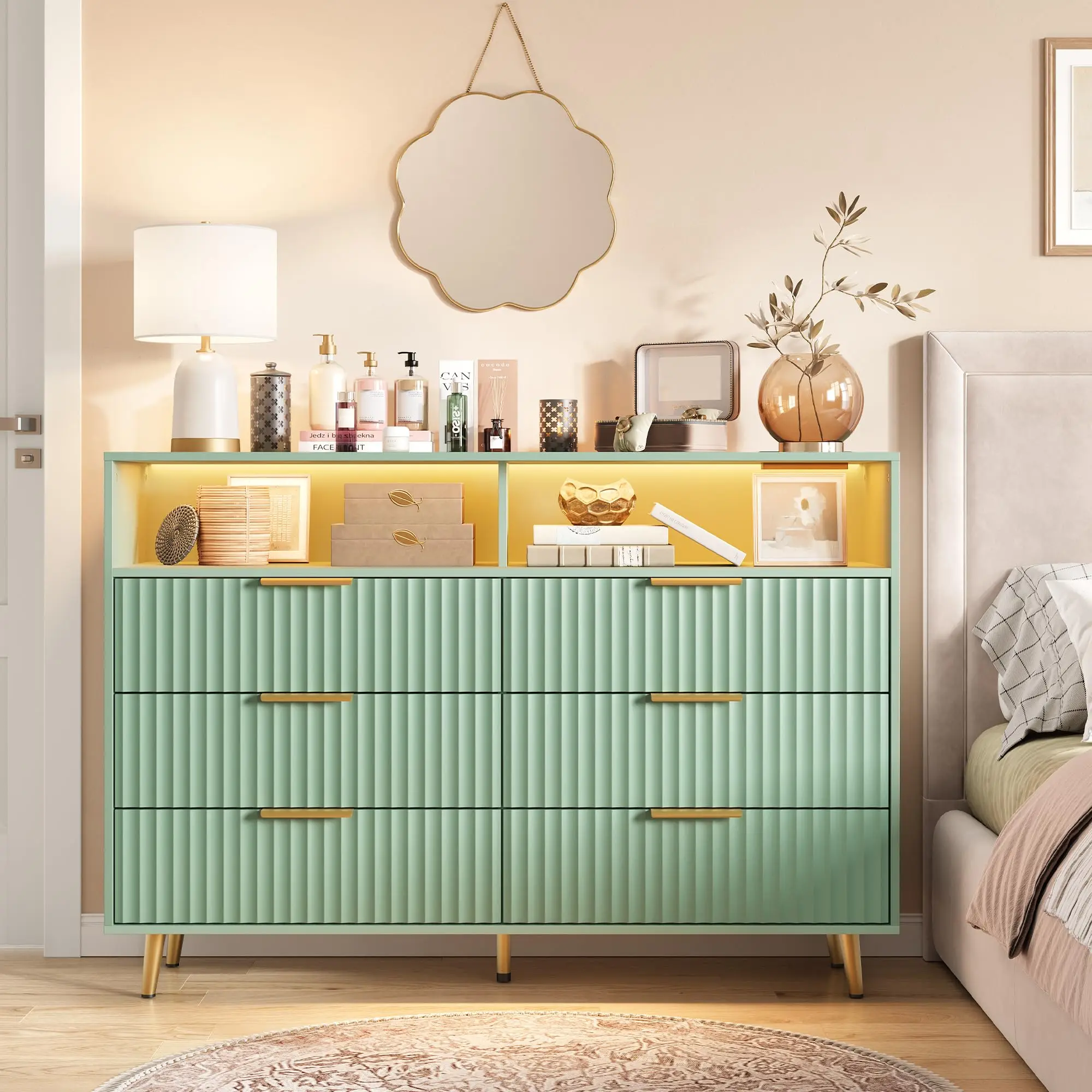 6-Drawer Dresser with LED Lights & USB Charging Station – Modern Fluted Wood Chest of Drawers with Gold Handles for Bedroom – White/Black/Green