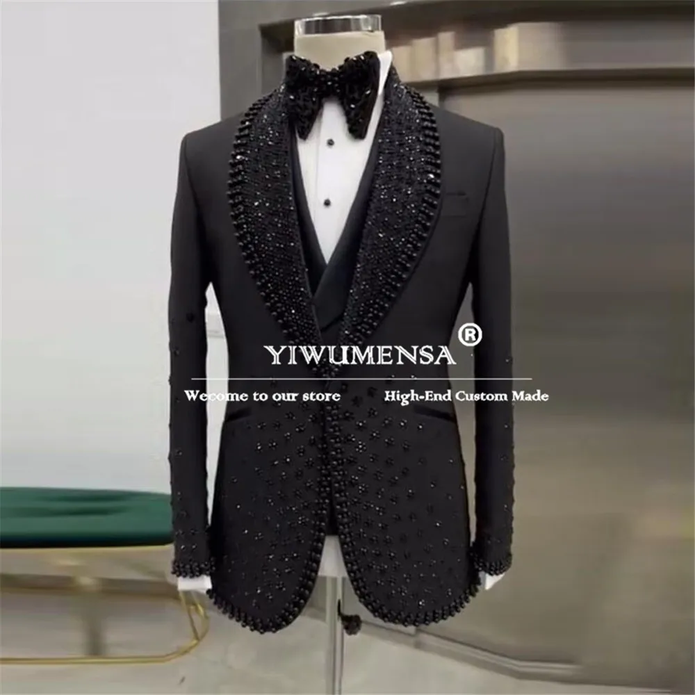 Male Fashion Groom Wedding Suits Handmade Pearls Beaded Prom Blazer Formal Party Men's Tuxedo Bespoke traje de hombre elegante