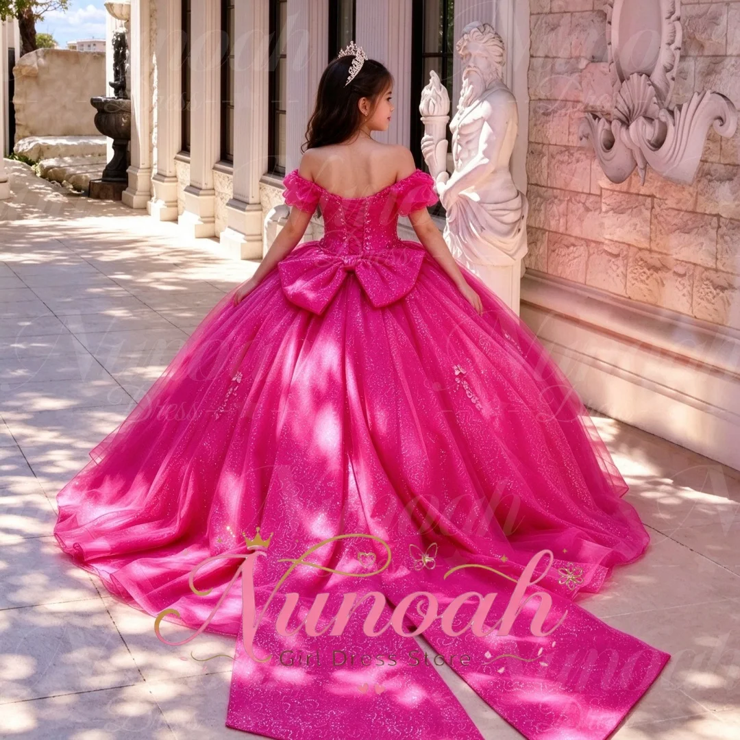 Fuchsia New Design Flower Girl Dress For Wedding with Big Bow Lace Appliques Girl Birthday Party First Communion Gown Customized
