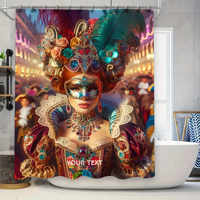 Vivid Carnival Mask Printed Shower Curtains for Bathroom Decor Customizable Text Option (Blue-Green)