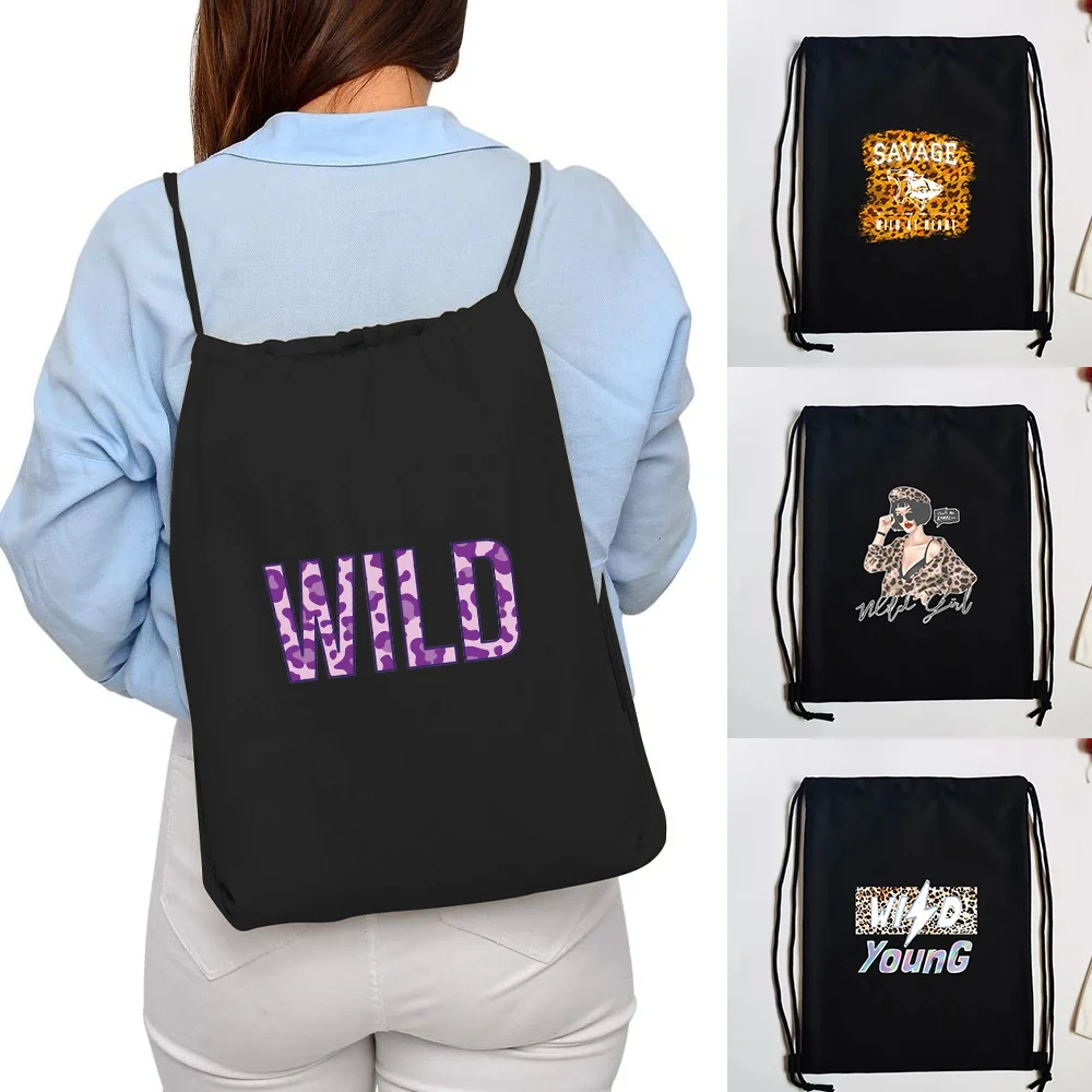 Stylish Sport Canvas Drawstring Bag Wild Print Gym Bag Shopping Bag Unisex Storage Backpack
