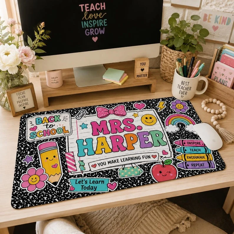 Personalized Teacher Mouse Pad, Teacher Desk Mat, Composition Notebook-Style Desk Mat with Name, Teacher Gift, Back-to-School Te