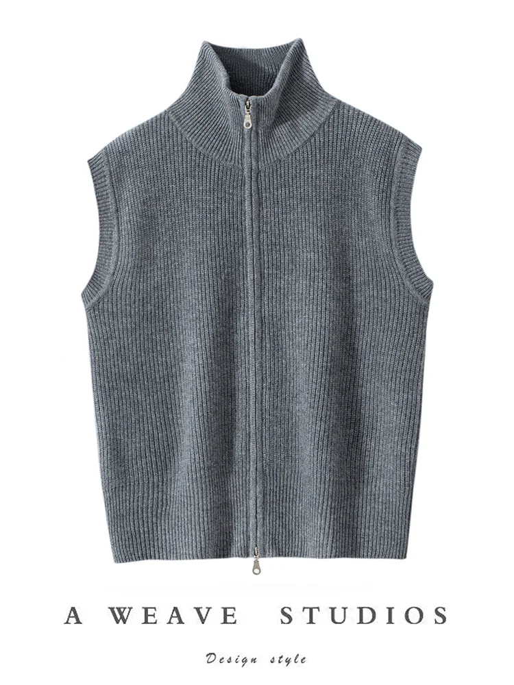 Women Mock Neck 100% Cashmere Sweater Waistcoat Double Zippers Cardigan Sleeveless Autumn Winter Loose Screw Threaded Vest Knit
