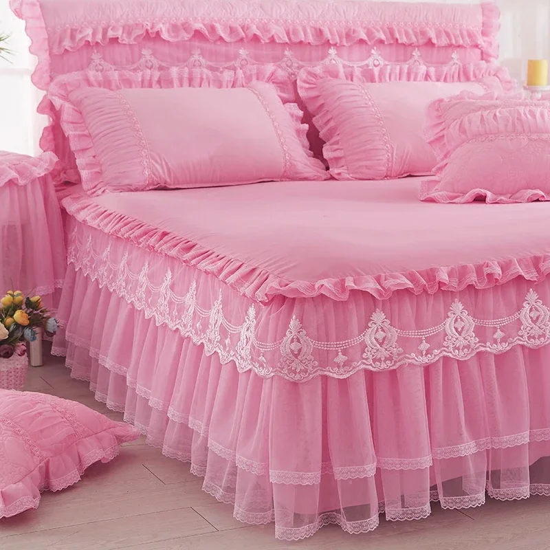 Princess 1 Piece Lace Bed Skirt + 2 Piece Pillowcases Bedding Bedspreads Sheet Pink Lace Bedding Set Bed For Girl Bed Cover