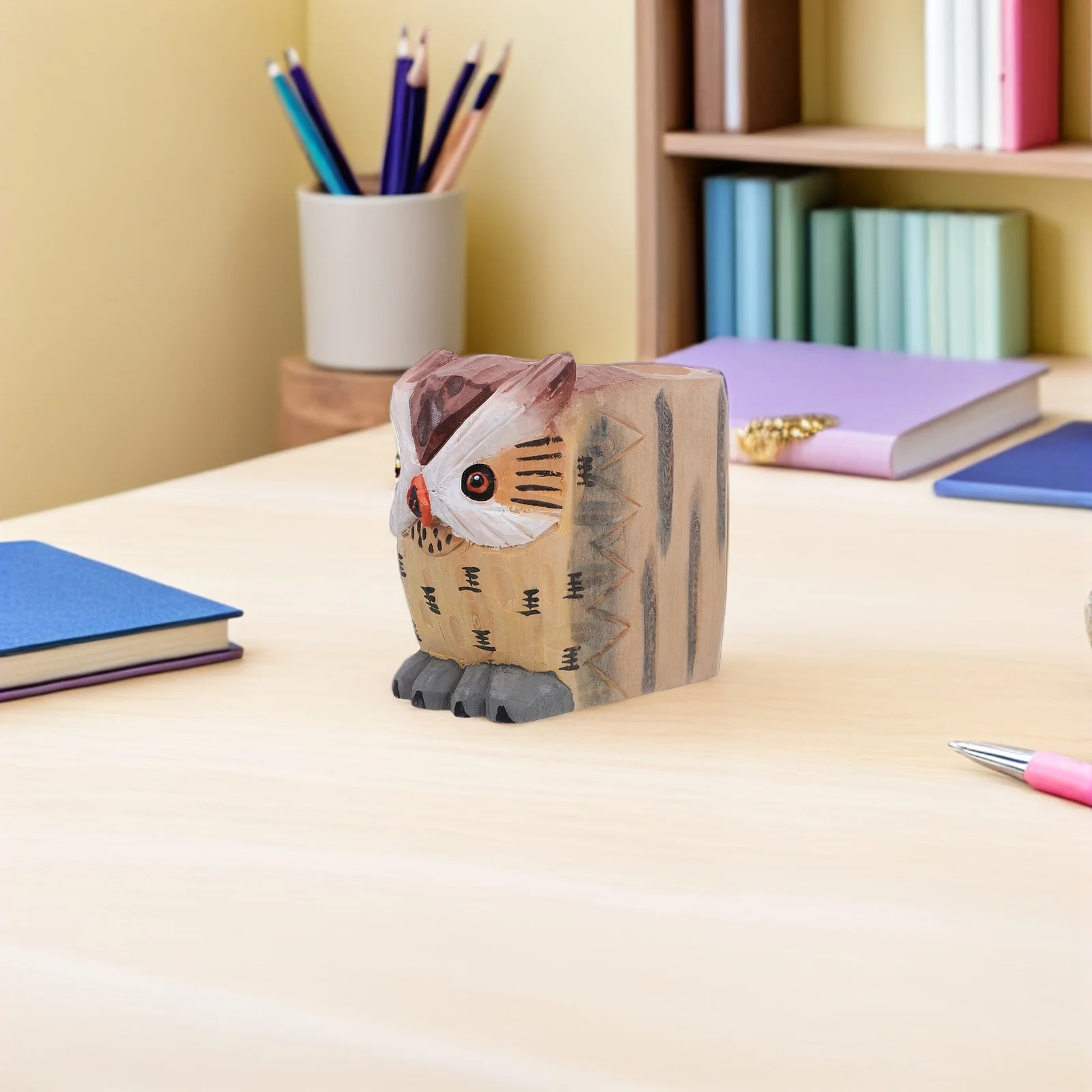 حامل أقلام على شكل بومة خشبية مصنوع يدويًا - منظم مكتب فريد من نوعه للقرطاسية - تخزين فعال لسطح المكتب بملمس طبيعي -
