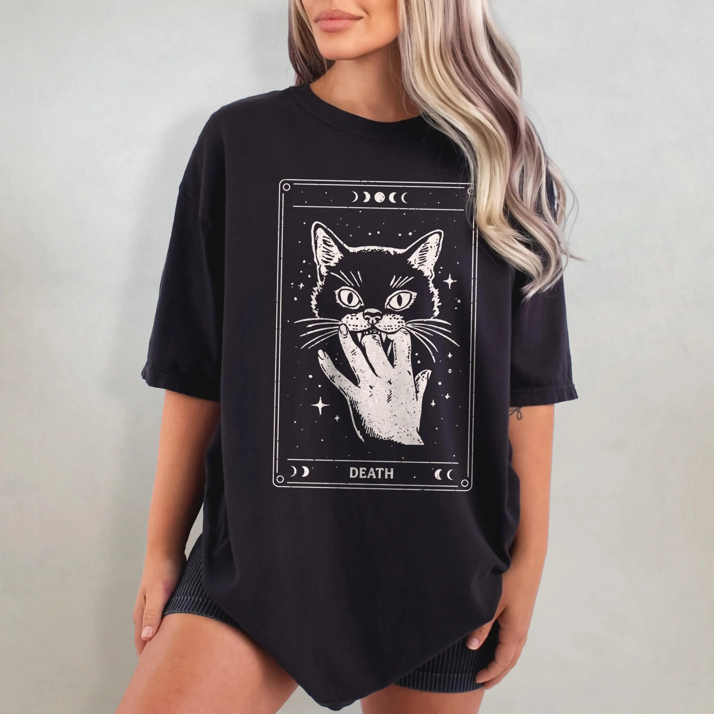 Damen-T-Shirt mit Katzen-Tarot-Muster in Übergröße, Baumwolle, atmungsaktiv, modisch und vielseitig, Unisex, Streetwear, Übergröße
