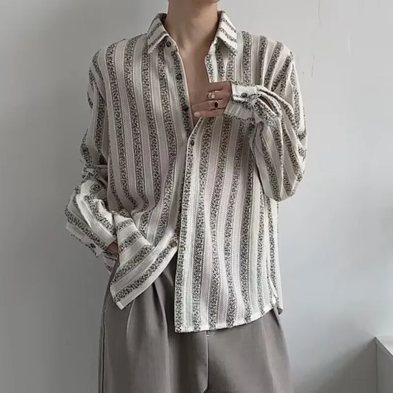 HKSH American Hollow Striped Long Sleeved Shirt Spring Summer New Men Tide Niche Design Loose Fit Casual Vertical Shirts HK20463