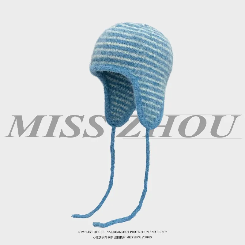 

New Ins Versatile Color Matching Striped Strap Beanies for Women Autumn and Winter Casual Warm Ear Protection Pullover Hats Men