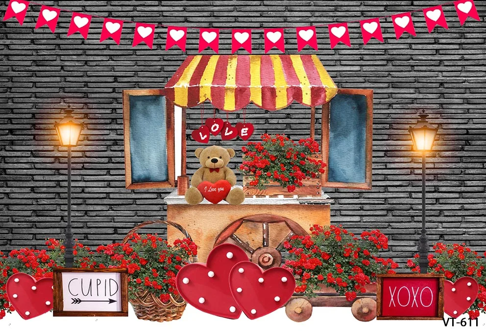 Wood Door Love Valentine's Day Red Rose Store Brick Wall Decoration Backdrops Photocall Supplies Banner Wedding Background Props