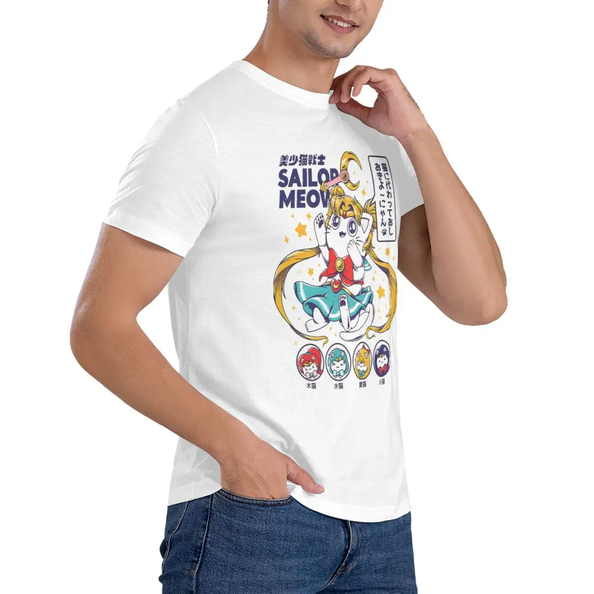 Meow-camiseta masculina de algodão com design sailor moon, gola redonda, manga curta, roupas gráficas