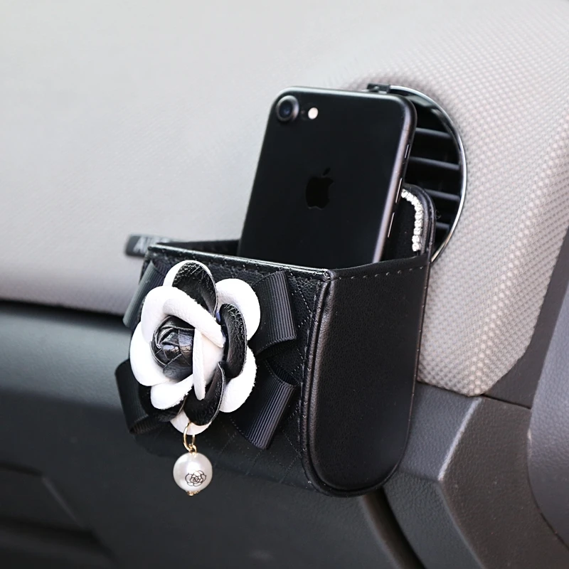 Camellia Flower Crystal Diamond Car Outlet Air Vent Trash Box for Auto Mobile Phone Holder Pouch Organizer Hanging Storage Bag