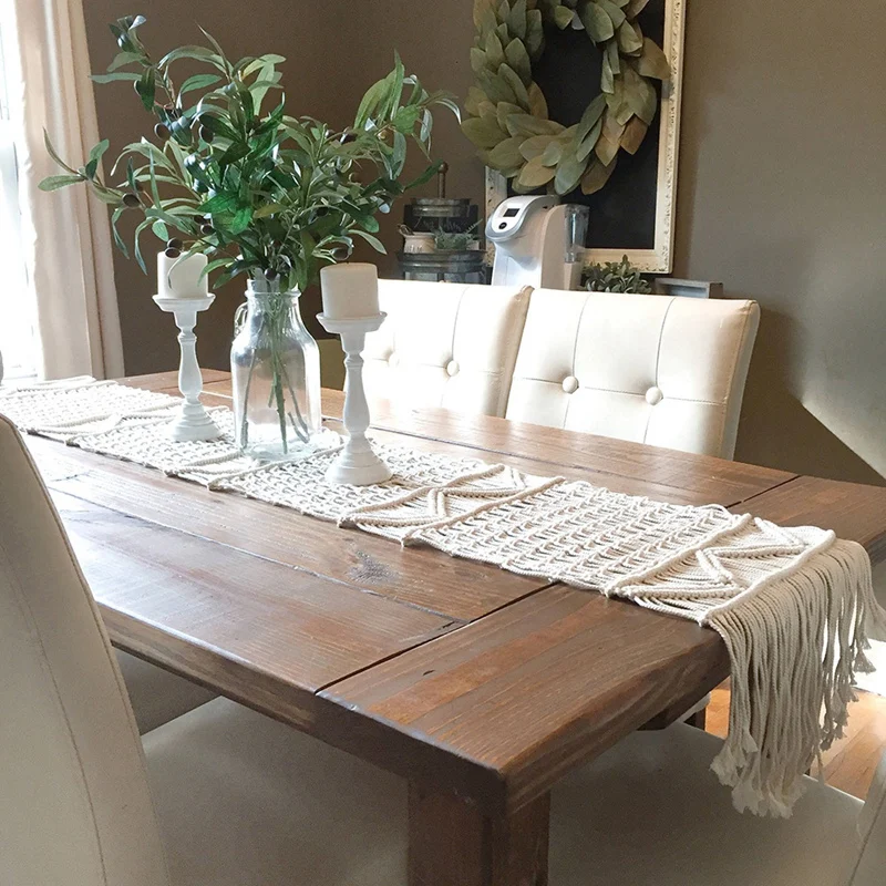 Macrame Table Runner,Boho Wedding Table Decoration,Vintage Farmhouse And Bohemian Dining Room Style, Beige White