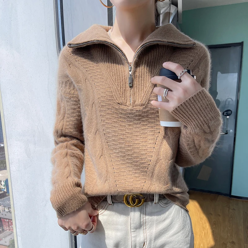 100%Wool Winter Thickening Zipper POLO Collar Tops Pullovers Casual Womens Long Sleeve Keep Warm Knitting Ladies Sweater