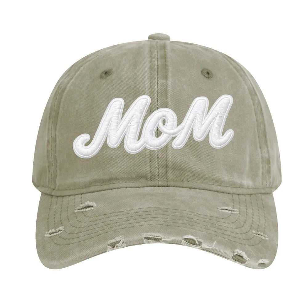 Embroidered Letter MOM DAD Baseball Cap Distressed Washed Ripped Brim Sun Cap Curved Brim Adjustable Washed Cotton Dad Hat