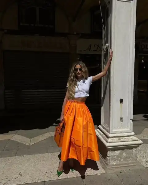 Street Stylished Hot Orange Ankle Length Taffeta Women Skirts A-line Pleated Long Female Holiday Skirt Maxi Skirt