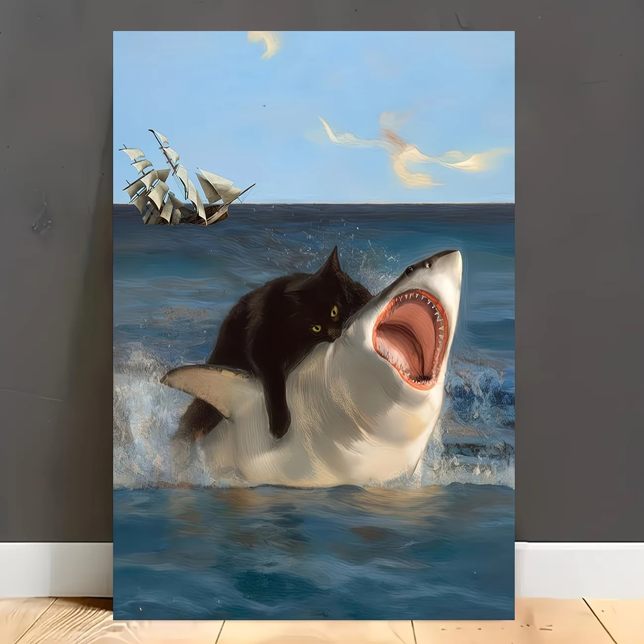 Modern Humorous Cat Shark In The Ocean Wall Art Print Canvas Painting Poster Picture For Living Room,Bedroom Home Decor