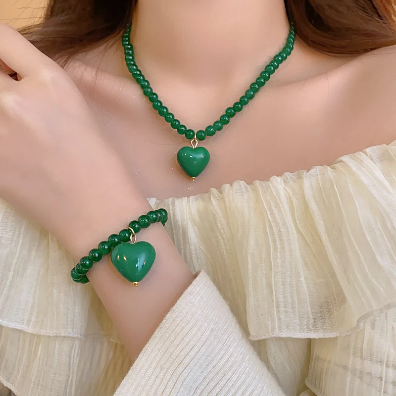 3 Pcs Green Agate Beads Pendant Necklace Elegent Earrings Bracelet Heart Necklaces Women Vintage Jewelry Set Accessories K