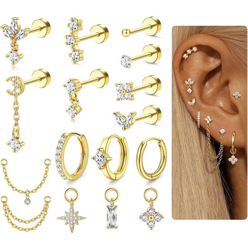 16 Gauge Knorpel-Ohrringe für Damen, flacher Rücken, hypoallergen, 316L Chirurgenstahl, Ohrstecker-Set, Piercing-Schmuck – Detail 1