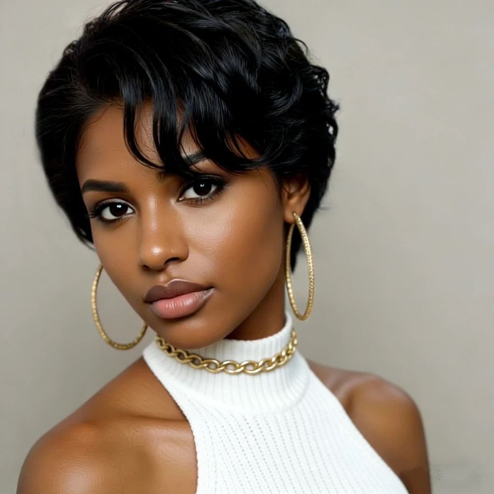 

Парик пикси для повседневного использования и вечеринок, парик с стрижкой пикси, короткий кудрявый многослойный парик из натуральных волос с T-образной кружевной вставкой 13x1, черный цвет, для женщин.