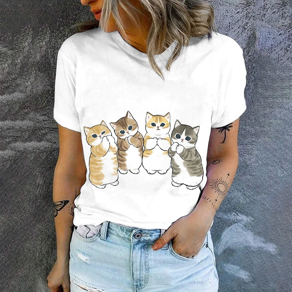 Elegant Casual Comfortable Round Neck Short Sleeve Cute Cat Print Fashion T-shirt Summer Breathable Loose Women\'s Short Sleeve