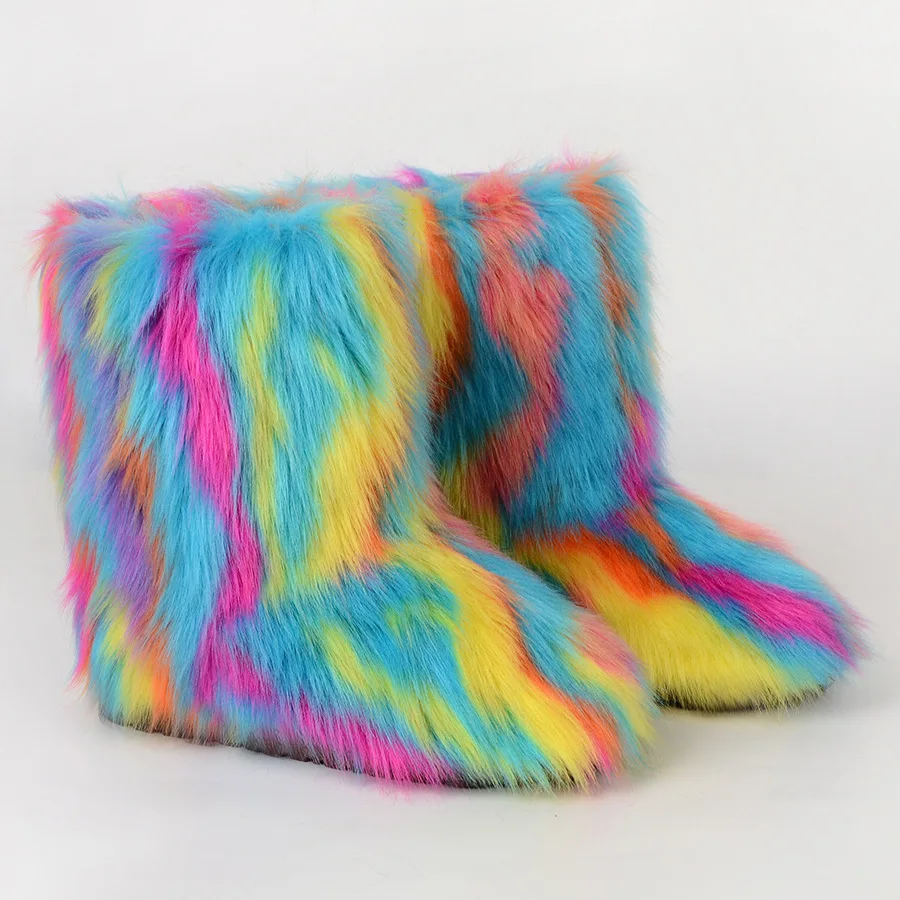 Hot Women Plush Fluffy Faux Fur Colorful Snow Boots Ladies Cotton Warm Cozy Ankle Boots Girl's Glamourous Cold Proof Furry Boots